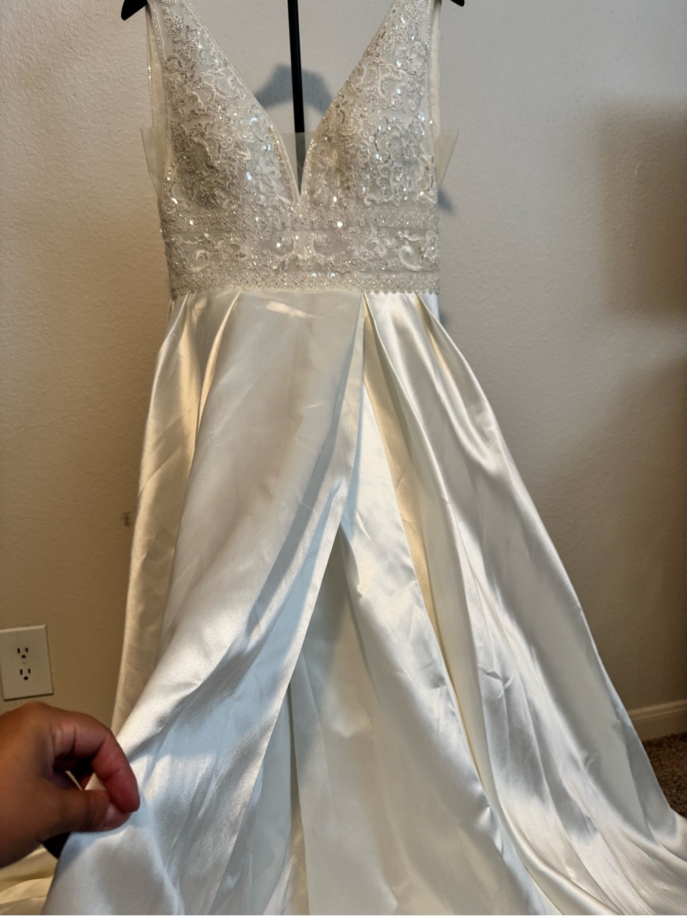 Girls' Ivory Beaded Satin Dress with V-Neck
